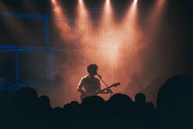Musician performing on stage with microphone